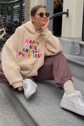 Bej Renkli Nakışlı Bisiklet Yaka Sweatshirt MG1574