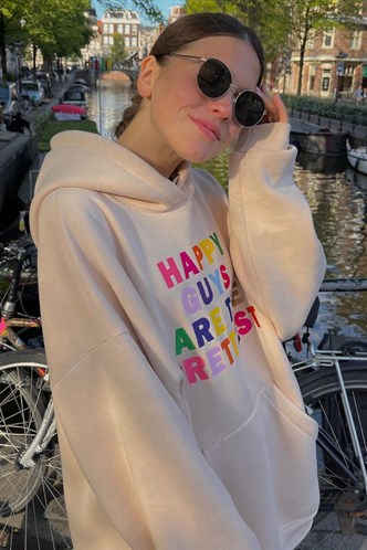 Bej Renkli Nakışlı Bisiklet Yaka Sweatshirt MG1574