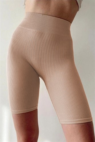 Bej Yüksek Bel Kadın Fitilli Biker Tayt MG1675