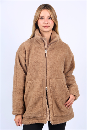 Bej Yüksek Yakalı Cepli Peluş Mont MG1948
