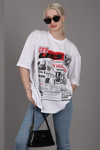 Beyaz Arka Baskılı Over Fit Kadın Tişört MG1506