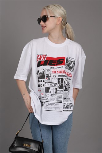 Beyaz Arka Baskılı Over Fit Kadın Tişört MG1506