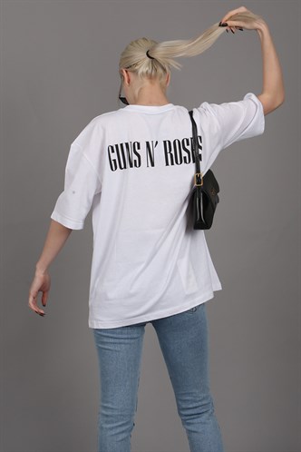 Beyaz Arka Baskılı Over Fit Kadın Tişört MG1506