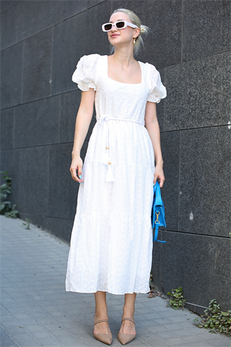 Beyaz Balon Kol Basic Uzun Elbise MG1880