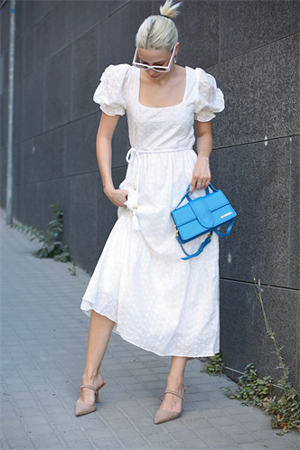 Beyaz Balon Kol Basic Uzun Elbise MG1880