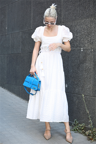 Beyaz Balon Kol Basic Uzun Elbise MG1880