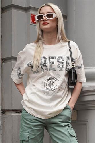 Beyaz Baskılı Bisiklet Yaka Oversize T-shirt MG1844