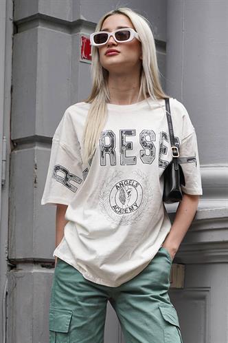 Beyaz Baskılı Bisiklet Yaka Oversize T-shirt MG1844