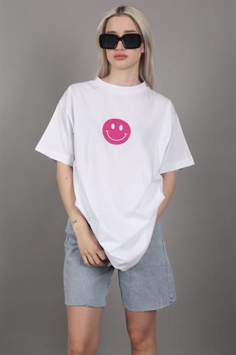 Beyaz Baskılı Oversize Bisiklet Yaka Kadın Tişört