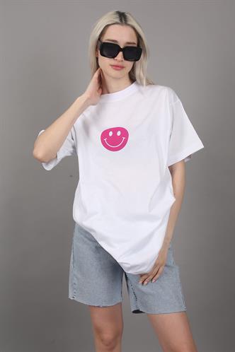 Beyaz Baskılı Oversize Bisiklet Yaka Kadın Tişört