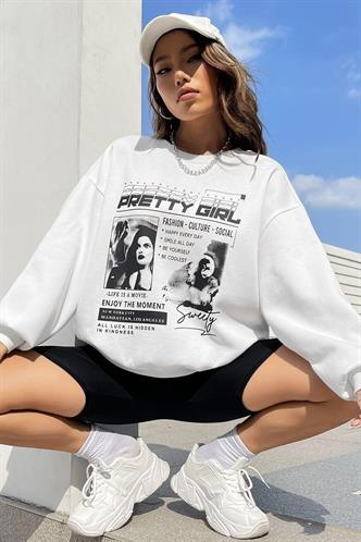 Beyaz Baskılı Oversize Kadın Sweatshirt  MG1923