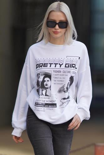 Beyaz Baskılı Oversize Kadın Sweatshirt  MG1923