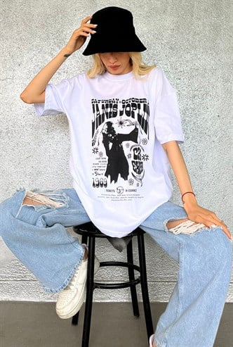 Beyaz Baskılı Oversize Tişört MG1417