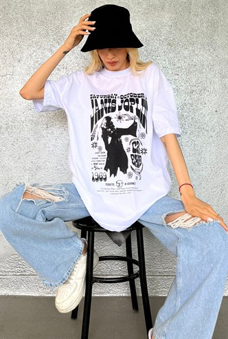 Beyaz Baskılı Oversize Tişört MG1417