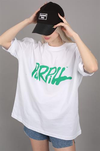 Beyaz Baskılı Oversize Tişört MG1490