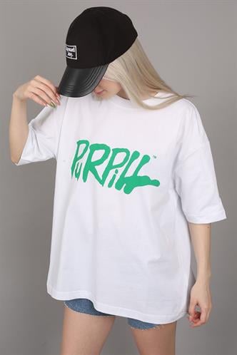 Beyaz Baskılı Oversize Tişört MG1490