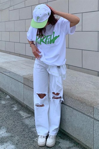 Beyaz Baskılı Oversize Tişört MG1490