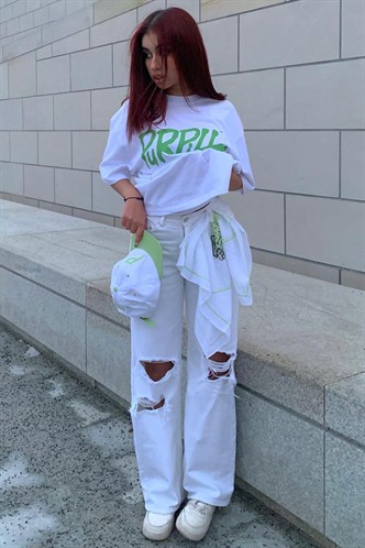 Beyaz Baskılı Oversize Tişört MG1490