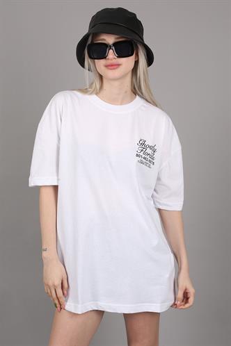 Beyaz Baskılı Oversize Tişört MG1513