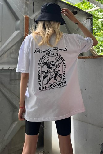 Beyaz Baskılı Oversize Tişört MG1513