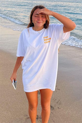 Beyaz Baskılı Oversize Yuvarlak Yaka Kadın Tişört MG1472