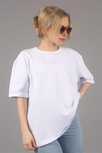 Beyaz Bisiklet Yaka Basic Oversize T-shirt MG1687