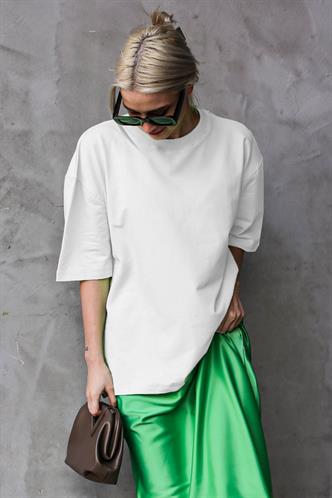 Beyaz Bisiklet Yaka Basic Oversize T-shirt MG1687