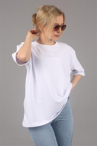 Beyaz Bisiklet Yaka Basic Oversize T-shirt MG1687