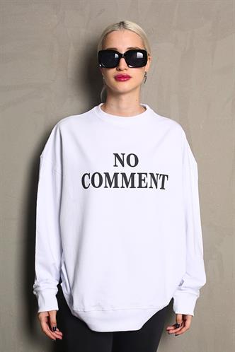 Beyaz Bisiklet Yaka Baskılı Oversize Kadın Sweatshirt MG1902