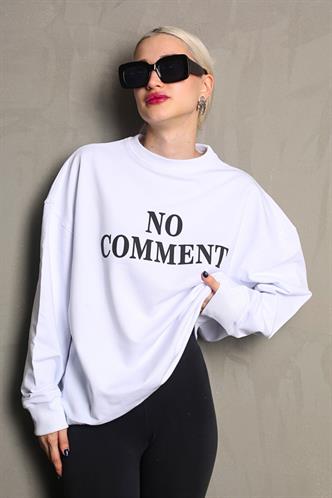 Beyaz Bisiklet Yaka Baskılı Oversize Kadın Sweatshirt MG1902
