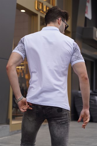 Beyaz Desenli Polo Yaka Erkek Tişört 6082