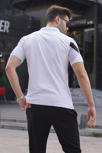 Beyaz Desenli Polo Yaka Erkek Tişört 6081