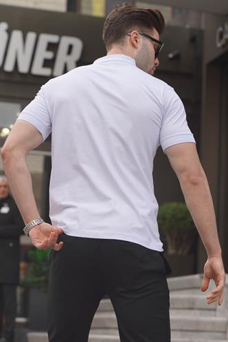 Beyaz Desenli Polo Yaka Erkek Tişört 6106