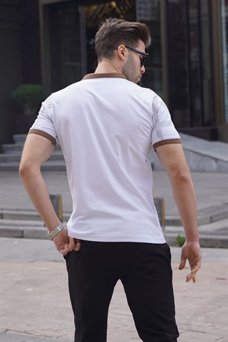 Beyaz Desenli Polo Yaka Erkek Tişört 6080