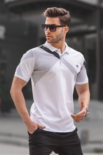 Beyaz Desenli Polo Yaka Erkek Tişört 6081