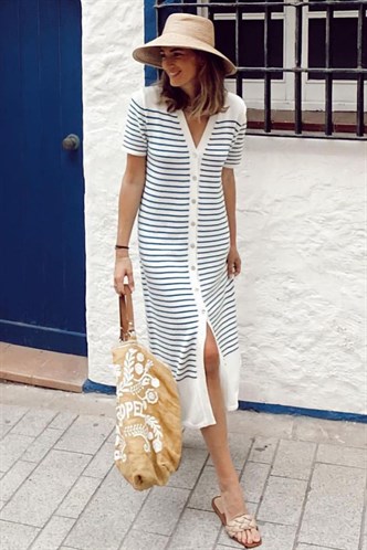 Beyaz Düğmeli Triko Kadın Elbise MG1648