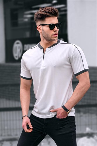 Men White Zip Neck T-Shirt