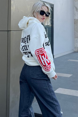 Beyaz Kapşonlu Oversize Sweatshirt MG903