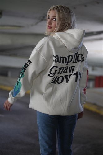 Beyaz Kapşonlu Oversize Sweatshirt MG903