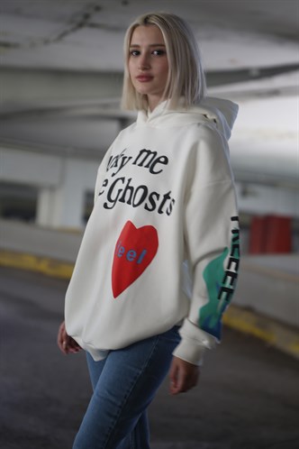 Beyaz Kapşonlu Oversize Sweatshirt MG903