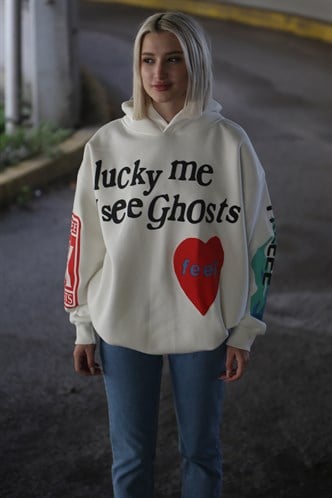 Beyaz Kapşonlu Oversize Sweatshirt MG903