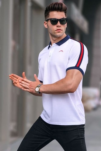 Beyaz Kol Şeritli Polo Yaka Tişört 5888