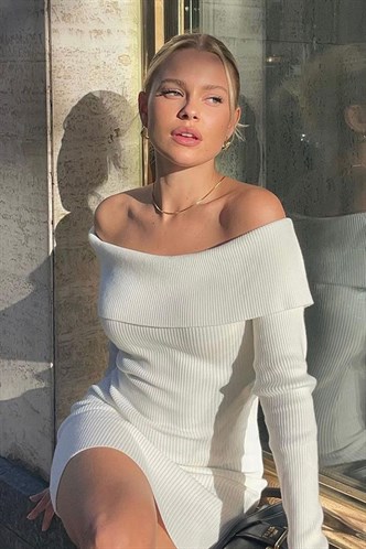 Beyaz Madonna Yaka Uzun Kollu Mini Elbise MG1699