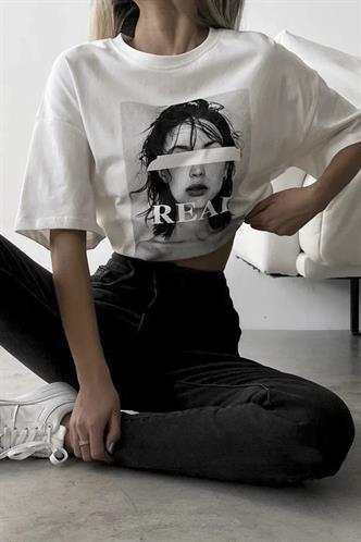 Ekru Oversize Baskılı Kadın Tişört MG1764