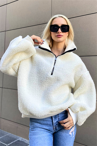 Beyaz  Peluş Fermuar Yaka Sweatshirt MG1413