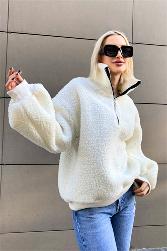 Beyaz  Peluş Fermuar Yaka Sweatshirt MG1413