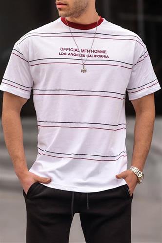 Bisiklet Yaka Beyaz Çizgili Rahat Kalıp Erkek Tişört 6063