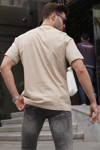 Bisiklet Yaka Regular Fit Bej Desenli Erkek Tişört 6115