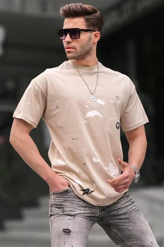 Bisiklet Yaka Regular Fit Bej Desenli Erkek Tişört 6115