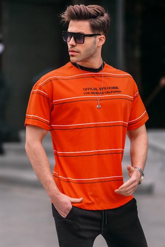 Bisiklet Yaka Turuncu Çizgili Rahat Kalıp Erkek Tişört 6063